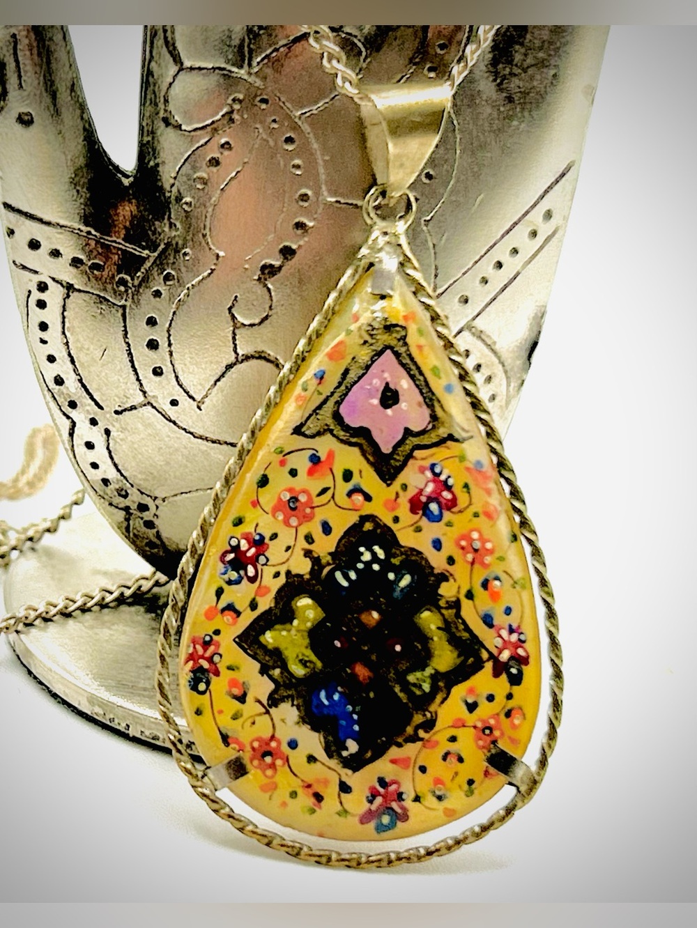 Vintage Persian Hand painted Necklace Two Sided Mother of Pearl on 20” Chain